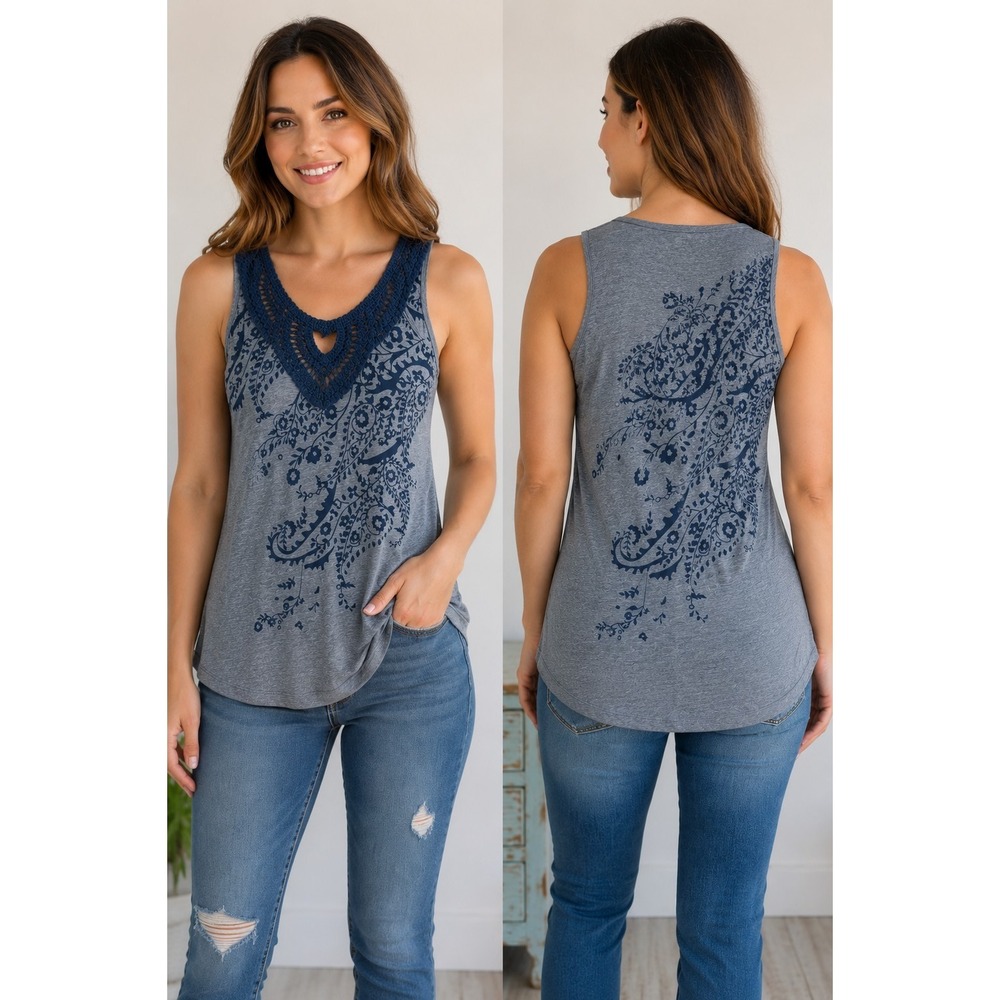 Charlotte Russe Tank Top L Gray Blue Paisley Floral Crochet Neck Sleeveless USA